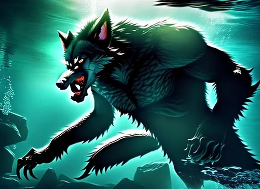 Prompt: Werewolf breathing in water while underwater
