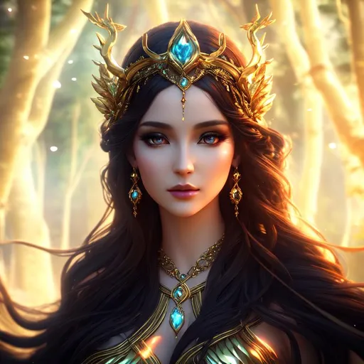 Prompt: 3D HD dramatic cinematic lighting [({one}{(Beautiful benevolent {goddess}female liquid ivory}, expansive magical forest background, hyper realistic, 8K --s98500