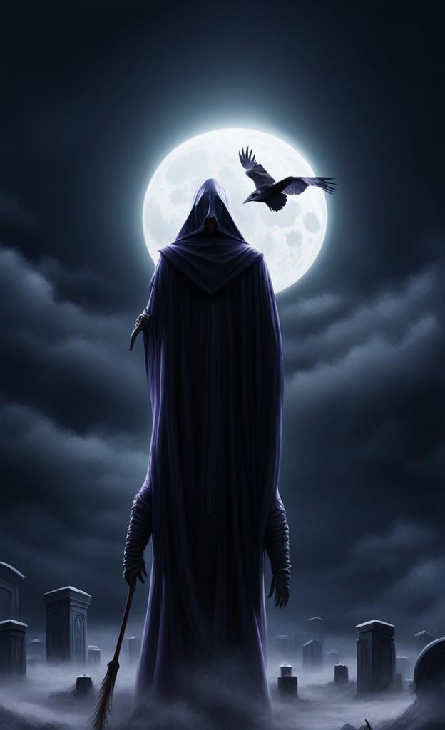 hyper realistic, grim reaper as angel of death with