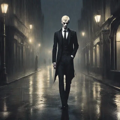 Prompt: an extremely skinny almost doll looking man with pale white skin walking down a gothic street at night in the rain with a blank expression and frail blonde hair in a classy suit jacket