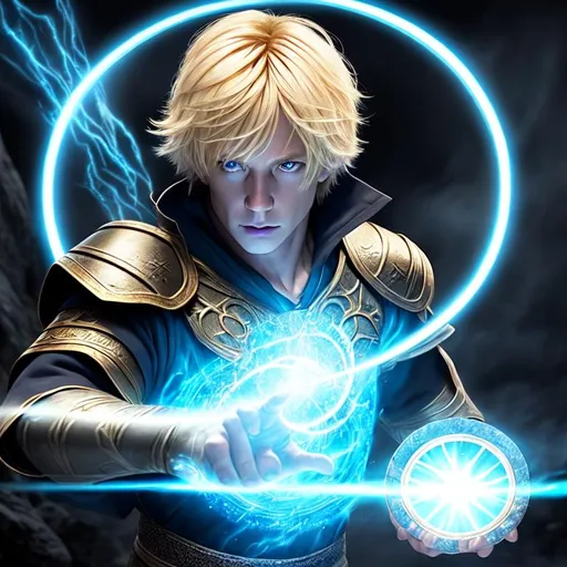 Prompt: Male Wizard with blonde hair creating a portal + short hair + short shaggy hair + 30 years old + exhausted + athletic body + wide shoulders + clean shaven + Andiun Wrynn + Full HD render + immense detail + dramatic lighting + well lit + black, character sheet, + fine esoteric symbolism | ultra - detailed realism, soft cinematic lighting, high - quality, engraved | highly detailed |digital painting, artstation, concept art, smooth, sharp focus, Nostalgic, ethereal, 8k, hyper detailed, intricate detail, photorealistic