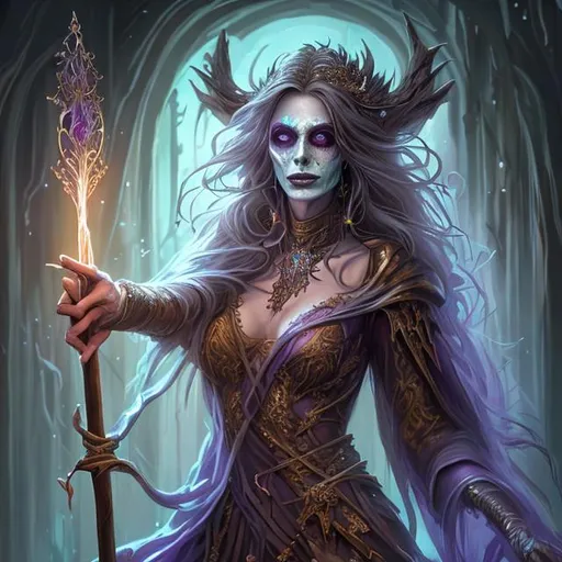 Prompt: Full body splash art portrait of a female undead sorceress casting a spell, very long brown hair, wearing long light-colored iridescent pearlescent robe, carrying a wooden staff, D&D, fantasy, intricate, beautiful, elegant, highly detailed, sharp focus, digital painting, artstation, concept art, 4k, 8k