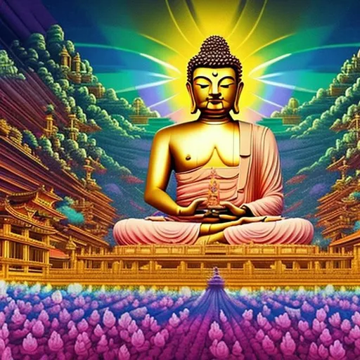 Prompt: Buddha sits in a infinite prism of crisp rainbow pixels. His complexion is vaporwave and futuristic. 
Below him is a sprawling sea of monks transforming into flowers. 
above him is the Highest temple order. Solid Gold and the Sun shines like Bronze. 