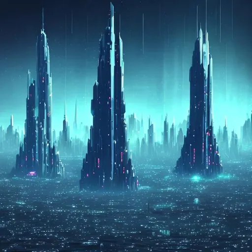 Prompt: Futuristic Tall black towers on deep dark ocean dark sky spaceships night lights hover ships dark tall city lots and lots of small floating ships hovering above clouds big planet with rings closeby spaceships hovering super tall mega skyscraper