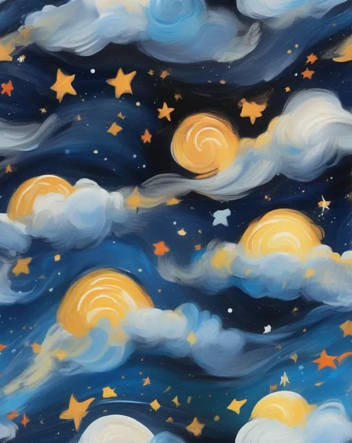 Prompt: An expressive night scene inspired by "Starry Night," featuring swirling clouds and vibrant stars painted with bold brushstrokes. Use a telephoto lens for a captivating close-up of the night sky.