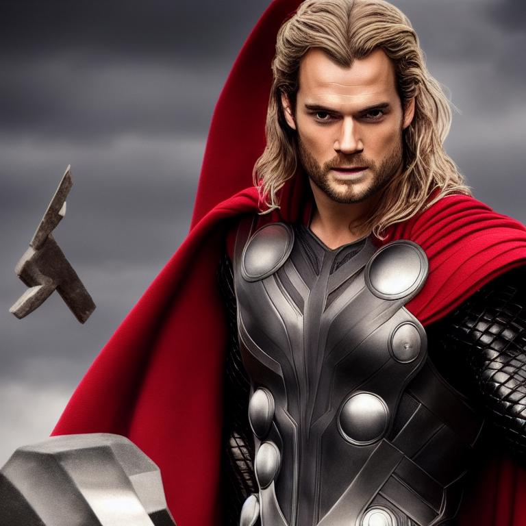 thor played by henry cavill detailed face, crimson a... | OpenArt