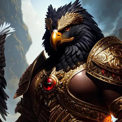 Prompt: an anthropomorphic Eagle, mythological creature, large head, red glowing eyes, chest armor, muscled, highly detailed face and fur, dark skin, chiaroscuro, volumetric lighting, d&d character, oil on canvas, intricate detail