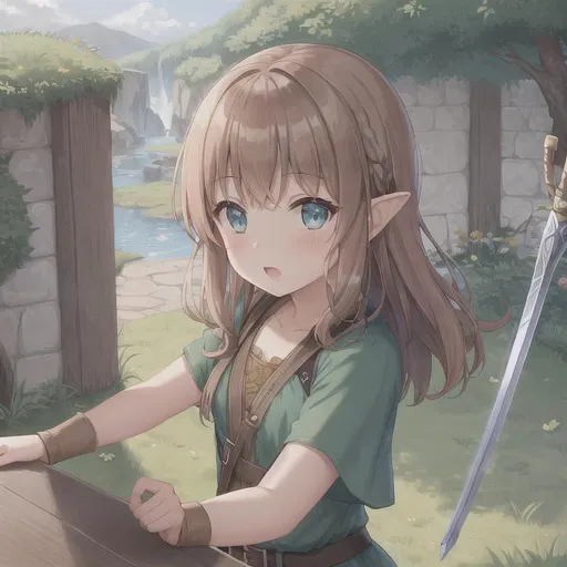 Prompt: Hobbit Girl, brunette hair, Holding a sword