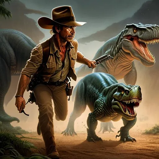 Prompt: ultra realistic illustration, Harrison Ford Indiana Jones being chased by a T-Rex, intricate, accurate, elegant, highly detailed, digital painting, artstation, concept art, smooth, sharp focus, illustration, art by artgerm and greg rutkowski and drew struzan