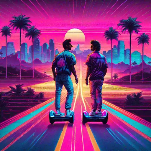 Prompt: retro 80s art, ((2 men on hoverboards)) down a highway with palm trees on the side of the road, retro art, synthwave, city view in the background, highly detailed