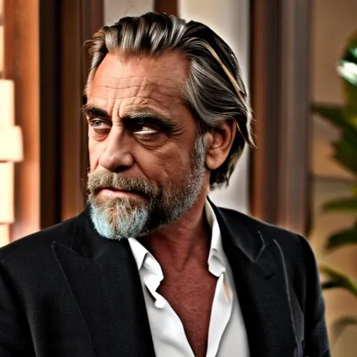 Prompt: Extremely muscular Bearded shirtless gigachad Jeremy Irons with symmetrical face
