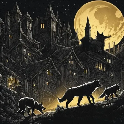 Prompt: wolves roaming dark shadowy village at night, style of Larry Elmore