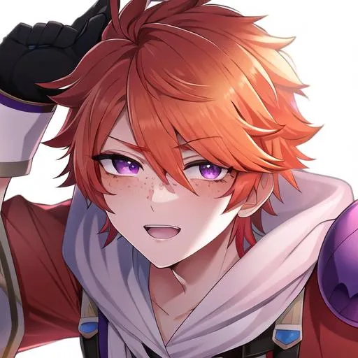 Prompt: Erikku male (short ginger hair, freckles, right eye blue left eye purple) UHD, 8K, Highly detailed, insane detail, best quality, high quality, fighting, in pain