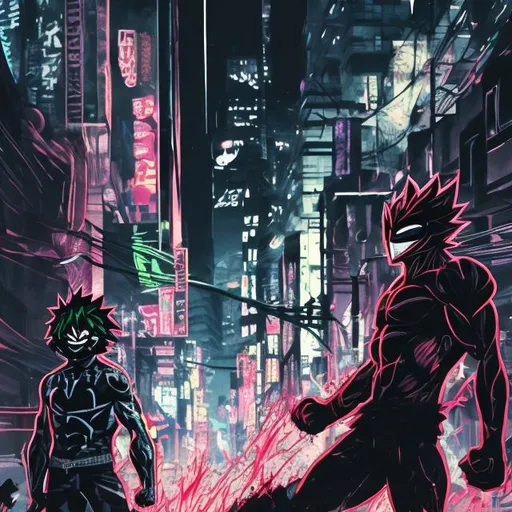 Prompt: Black and neon. Accurate muscular masked vigilante deku villain versus bakugo. Fight. Blood spatters. Very Dark image with lots of shadows. Background partially destroyed neo Tokyo. Noir anime. Gritty. Dirty