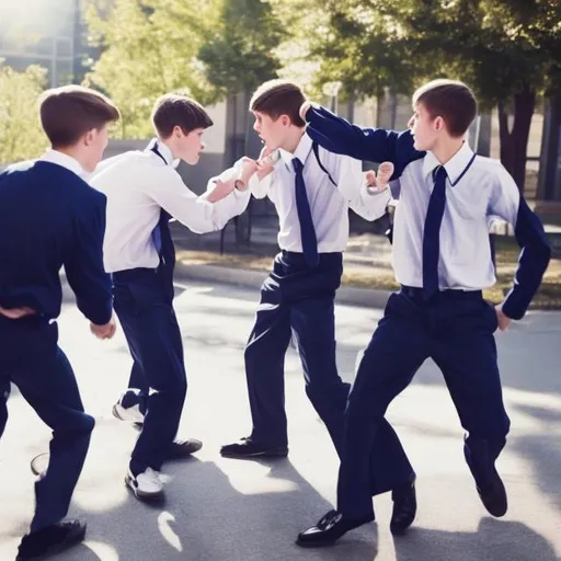 Prompt: Teenage caucasian boys in school uniforms are having a fight. One is punching the other in the mouth. Other  are students standing around watching