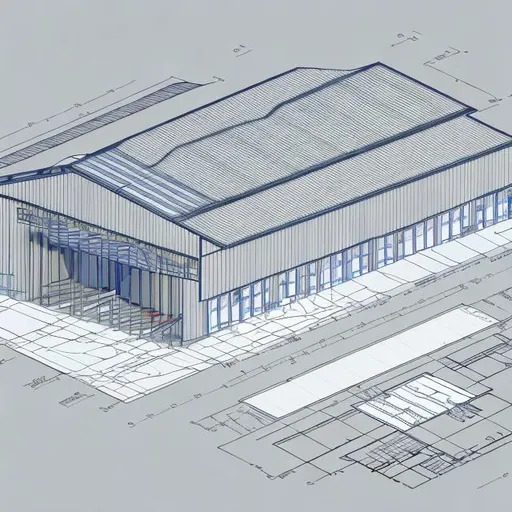 Prompt: Warehouse Architecture Design and blueprint of exterior of building. Hand drawn. 
Design a website-based architectural schematic of a warehouse using our logo Cervenka Development Partners for our homepage. 