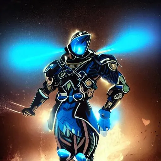 Prompt: a man in blue and black armor with arm extended and firing an energy blast, night time, black hair, brown skin, black eyes, long cape