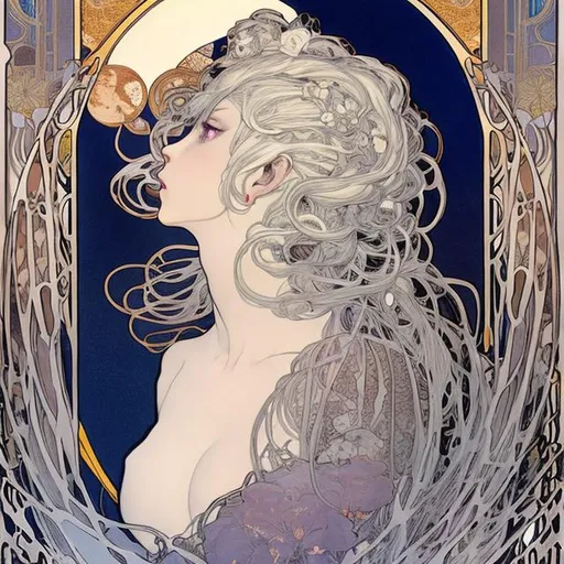 Prompt: a lady with white hair, by mucha and murata range, the moon, flowers