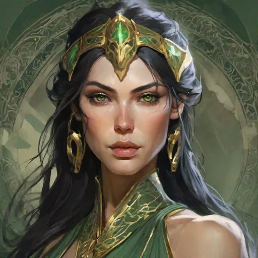 Prompt: digital painting portrait of a beautiful aasimar sorceress with shoulderlength black hair and golden, glowing eyes in a silver and green robe in the style of baldur's gate portrait art and art by greg rutkowski, ayami kojima and alphonse mucha