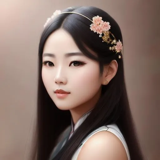 Prompt: beautiful chinese girl oil painting, UHD, 8k, Very detailed, beaitiful girl, cinematic, realistic, photoreal, trending on artstation, sharp focus, studio photo, intricate details