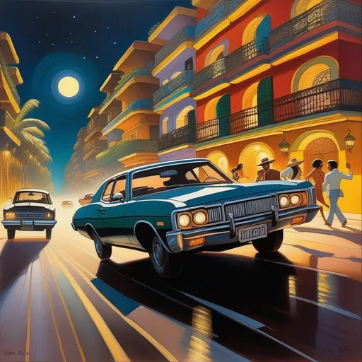 Prompt: 1970s, Mexico City at night, car chase, warm atmosphere, cartoony style, extremely detailed painting by Greg Rutkowski and by Henry Justice Ford and by Steve Henderson