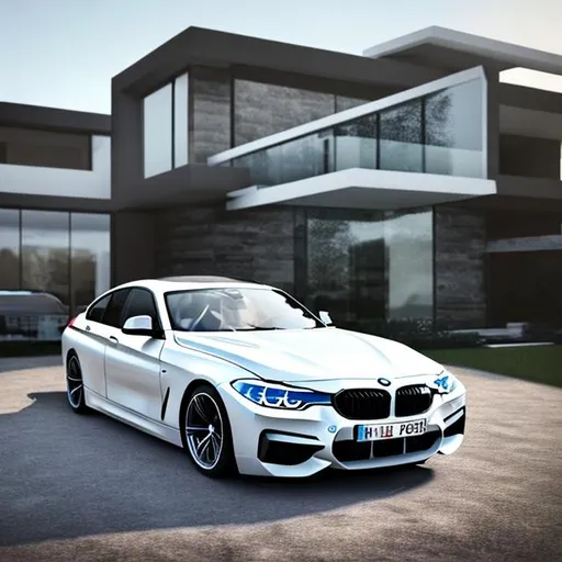 Prompt: A successful man with a bmw car and modern house self inspiring.16×9.hper realistic.detailed.