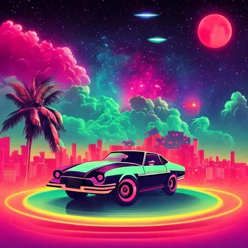 Prompt: retro car scene, miami, retrowave, neon, synthwave, vaporwave, highly detailed, galaxy sky, cosmos