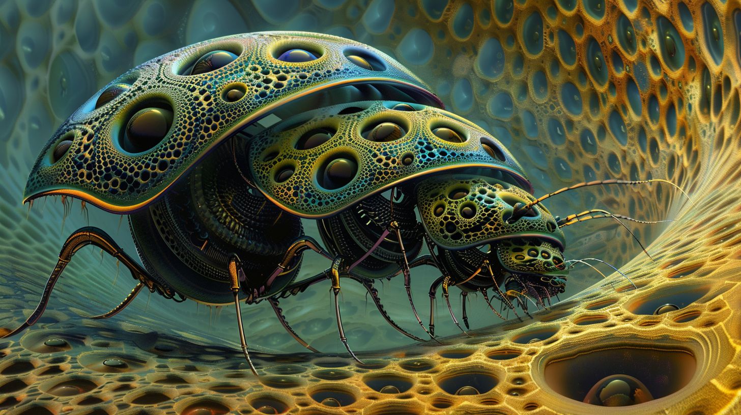 Prompt: Wide image of metallic cyborg insects, each uniquely designed, emerging from the swirling patterns of a colorful Mandelbrot set.