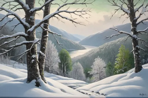 Prompt: Traditional oil painting of Norwegian nature, snow-covered trees, UHD image, Abigale Larson style, green and grey, snowy landscape, detailed tree branches, realistic snow texture, serene atmosphere, high quality, traditional, winter scenery, detailed brushwork, natural tones, peaceful setting, atmospheric lighting