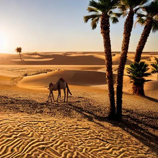 Prompt: Desert, sand dunes, sun in the middle of the sky, camel in front of a pond, palm trees , cannon 8K