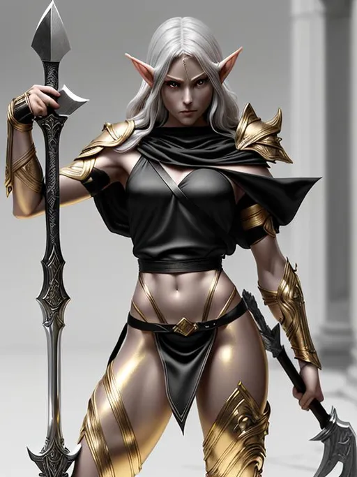 Prompt: long shot, dark, Epic, Beautiful, full-body portrait {Polished Gold}Elf figurine as warrior holding axe on {black}satin cloth, silver black, big dreamy eyes, highly polished, hyper detail, hyper realistic, physically based rendering, square image, 64K --s99500