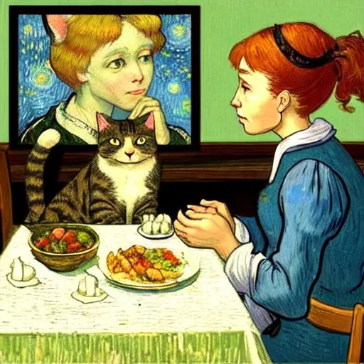 Prompt: A cat sits on a table looking at a woman who sits there with him. She shares her meager supper with him praying to God, thanking him for the meal. in the style of Vincent Van Gogh
