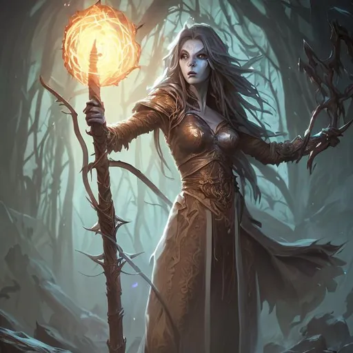Prompt: Full body splash art of a female undead sorceress casting a spell, very long light brown hair, wearing long light-colored iridescent robe, carrying a wooden staff, D&D, fantasy, highly detailed, sharp focus, digital painting, artstation, concept art, 4k, 8k