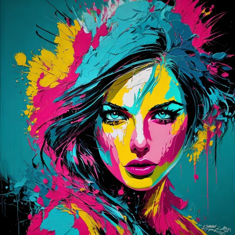 Woman with magenta and turquoise paint splatter, abs... | OpenArt