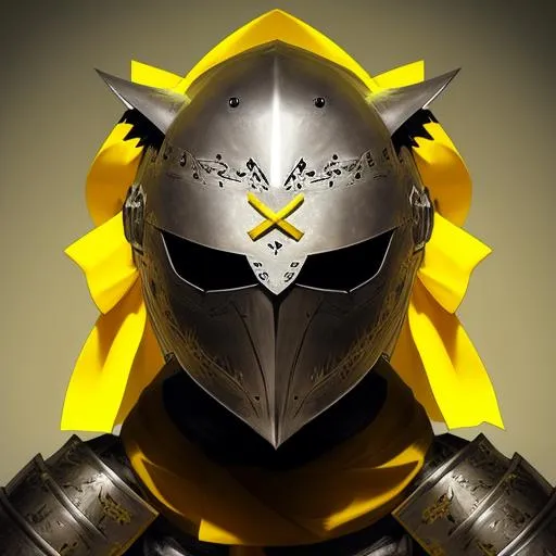 Prompt: Knight helmet, yellow ribbons hanging off of it, shaped like a wolfs head, metal, emotional, angry