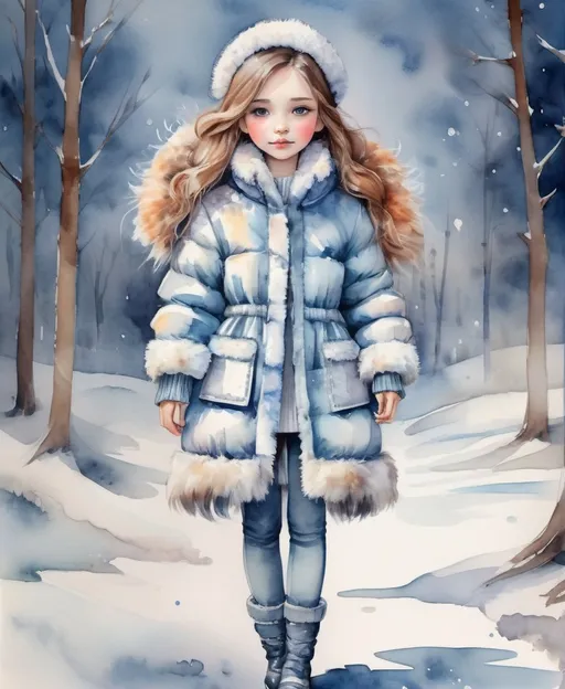 Prompt: young girl, winter outerwear,  very warm fur coat, a lot of details, high quality, standing straight, arms to the sides, paper doll, watercolor,