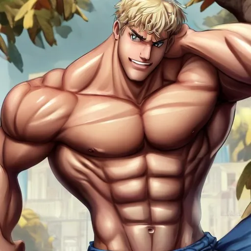 Prompt: happy blonde, blue eyed kind of realistic with gigantic, colossal, huge, glorious strong body muscles buff strong tense full body image all his clothes are falling off  because he is so strong, Very strong, tanned skin, muscles the size of watermelons, he is very handsome, he has an 8-pack of abs, blonde hair, thick body hair, lots of tattoos, flirtatious smirk, his muscles are bulging, full body, ultra realistic, he is humongous, 8 feet tall, bodybuilder pose, small boxer shorts, at the beach, his balls are ripping through his boxers full body image