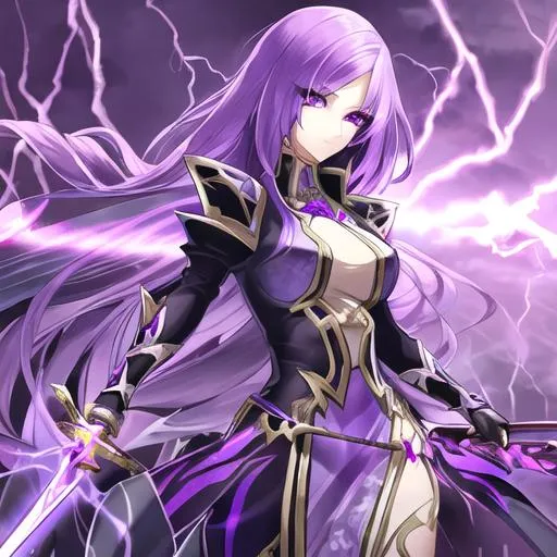 Prompt: Beautiful female, detailed eyes, has a sword emanating lightning, a young anime woman with long purple hair