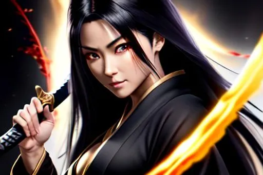 Prompt: HDR, UHD, 8k, High Detail, full body pose, a female shinobi with a sinister smirk,the shinobi has long dark hair is standing in a long black robe darker than anything known to man, the shinobi is standing in a stream of blood holding a golden katana with a obsidian black blade, the stream is flowing through the middle of a small village, the village is on fire, beyond the village is a mountain shrouded with smoke, above the mountain a blood red moon hangs over the landscape,  japan environment,