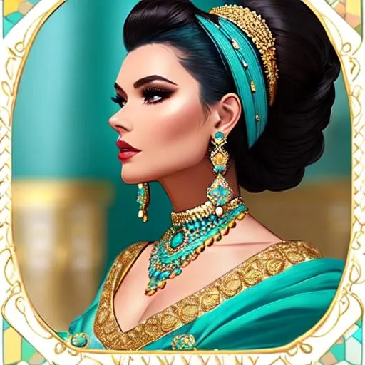 Prompt: An extremely gorgeous woman,  with dark hair in top knots, turquoise and gold jewels