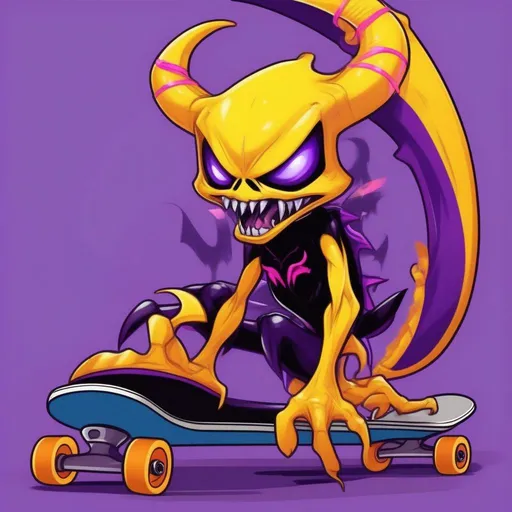 Prompt: bright yellow symbiote with purple, horns and a tail with orange ribbons, on a skateboard, nightmare fuel, Masterpiece, Best Quality, in cartoon style