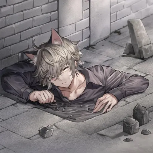 Prompt: cat boy that is buried under wet cement up to his neck and is dead very detailed 