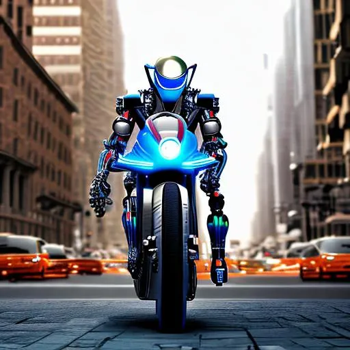 Prompt: Robot man, super bike in the building, in city, Many people, high quality, bike detailed, robot detailed, best resolution, realistic art, consep art, resolution high quality best resolution...