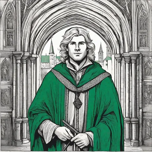 Prompt: black and white Engraving, Portrait, young male sorcerer, blonde hair, green eyes, blue robes, wizard staff, adventurer, symmetrical detailed face,  dirt in the face, sturdy medieval adventurer clothes, medieval  townhall in the background, extremely detailed,