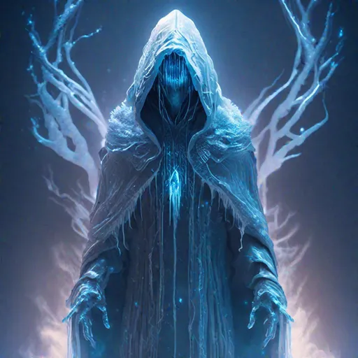 Prompt: "A Dreamlike Concept Artwork of Ethereal hooded Primordial Frozen Ghost, Midnight vapor setting, by Douglas Shuler, Tom Thiel. Hidden detailing, Trending on MidJourney, Cinematic Composition, Reimagined by industrial light and magic, silent uncanny, 4k, obscured lighting, HDR, IMAX, Polycount, shadow depth"