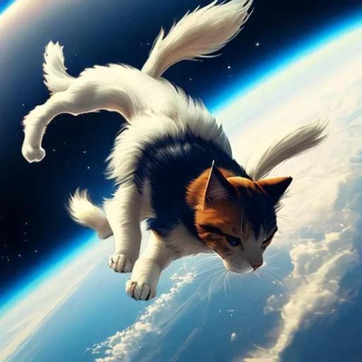 Prompt: A flying dog in space fighting a cat