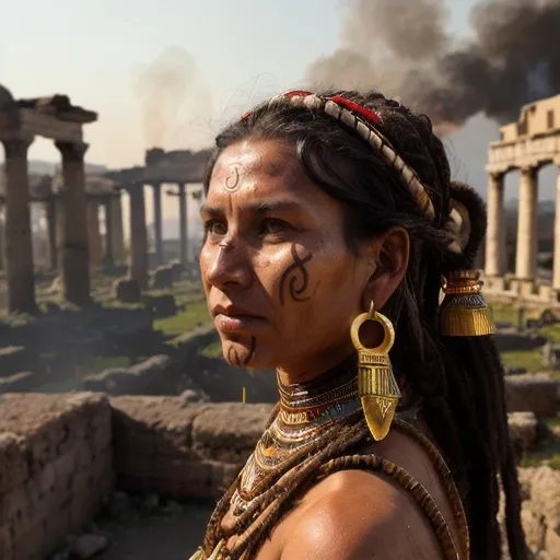 Prompt: The background is a burning Roman city. In the foreground is a 40 year old Hun tribal woman about 250 BC. She is looting the ruins. She is has long Hun hair, brown eyes and a small nose . She is wearing Hun clothing and Hun facial and body jewellery.