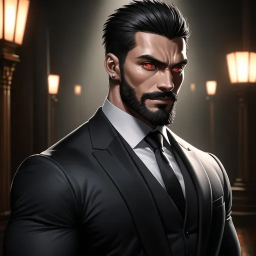 Prompt: Sleek, muscular man with piercing red eyes and short black hair, wearing a tailored black suit, a sharp short beard, intense and focused gaze, high-quality, realistic, detailed eyes, professional, atmospheric lighting, black suit, red eyes, muscular, short black hair, sleek sword, confident look, intense gaze, professional, anime, atmospheric lighting, smiling