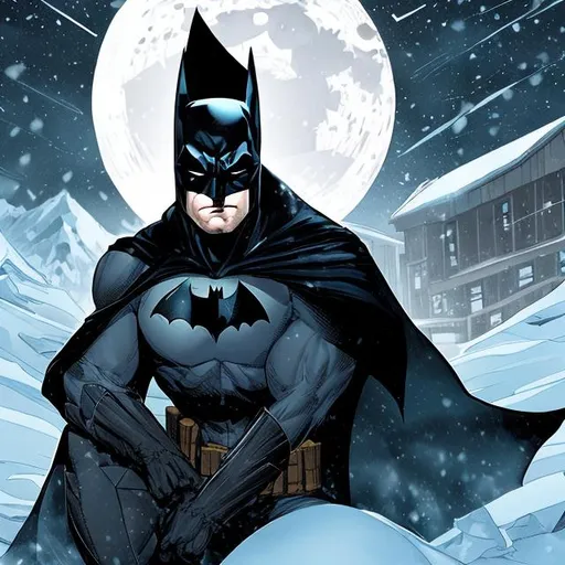 Prompt: Create graphic novel book cover of BATMAN, detective face, wearing avalanche snow white winter camouflage cowl and costume and cape, kneeling on one knee, in a snow covered night time field, with full moon shining 