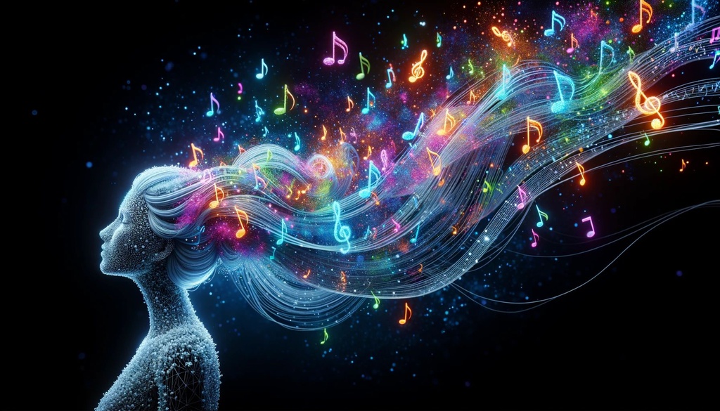 Prompt: 3D render of a woman with long flowing hair made of cascading musical notes, each note releasing a burst of vibrant color. Around her, ethereal particles of neon hues move, capturing the essence of a musical symphony in a visual spectacle.